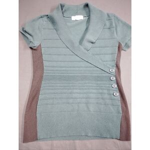 Pink Rose Teal Wrap-Style V-neck Knit Top with black colorblock side Panels